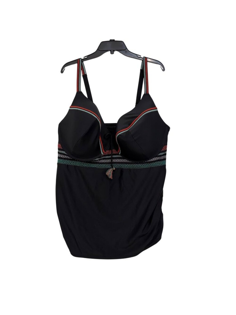 Swim By Cacique Black Tankini Top With Colorful Accents Tassel Trim 46F Nylon/Sp